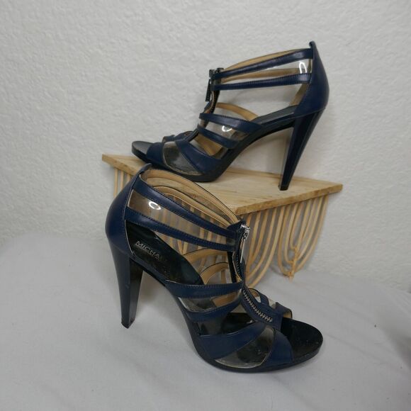 Michael Kors Navy Blue T Strap Sandal Heel Strappy Leather PVC 7M - Picture 10 of 12